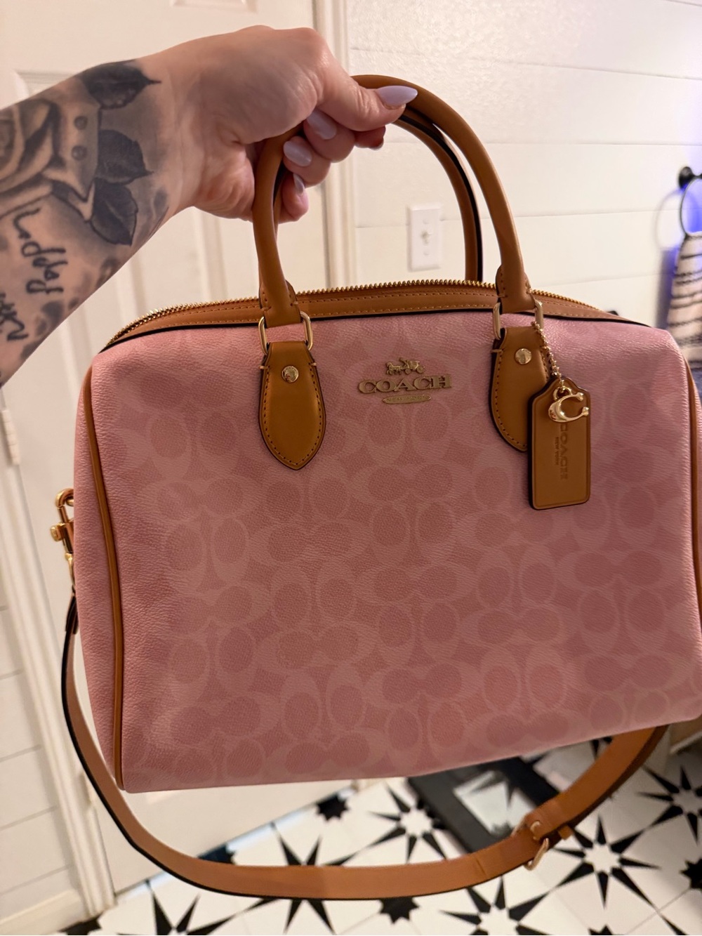Coach Powder Pink Rowan Large Satchel Bag In Signature Canvas With Charms - Picture 3 of 5